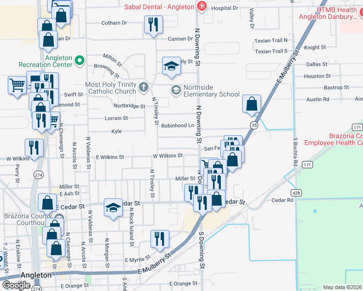 map of restaurants, bars, coffee shops, grocery stores, and more near 1008 Chevy Chase Drive in Angleton