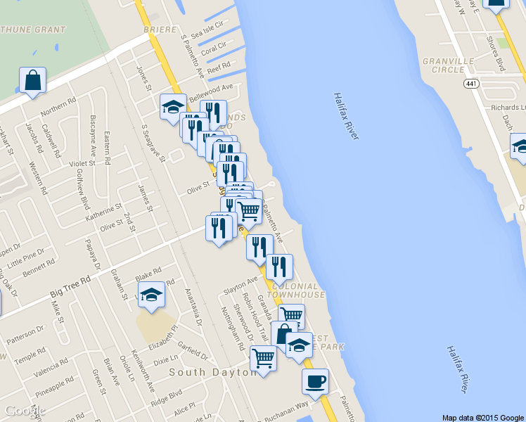 map of restaurants, bars, coffee shops, grocery stores, and more near 2001 South Palmetto Avenue in South Daytona