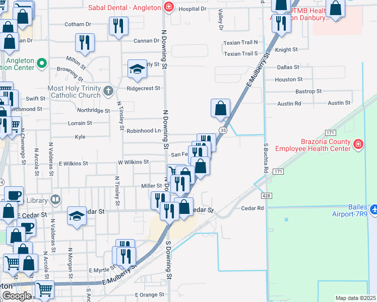 map of restaurants, bars, coffee shops, grocery stores, and more near 1242 Chevy Chase Drive in Angleton