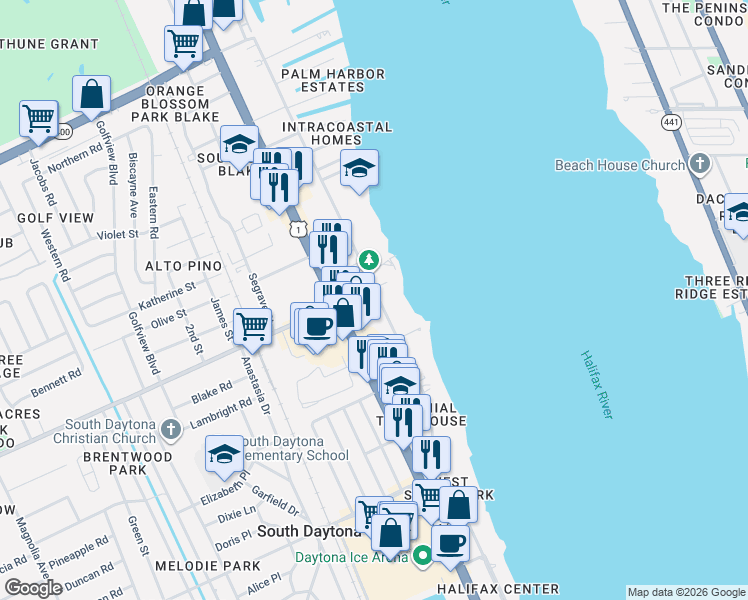 map of restaurants, bars, coffee shops, grocery stores, and more near 2001 South Palmetto Avenue in South Daytona