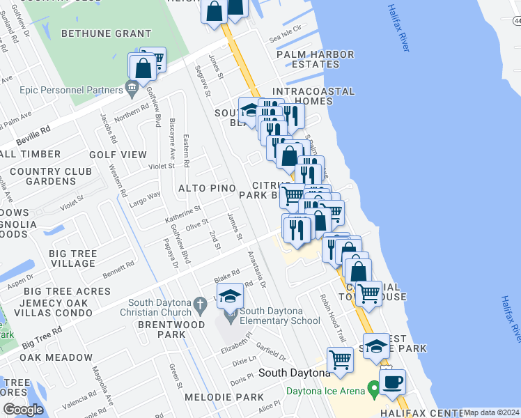 map of restaurants, bars, coffee shops, grocery stores, and more near 327 Olive Street in South Daytona