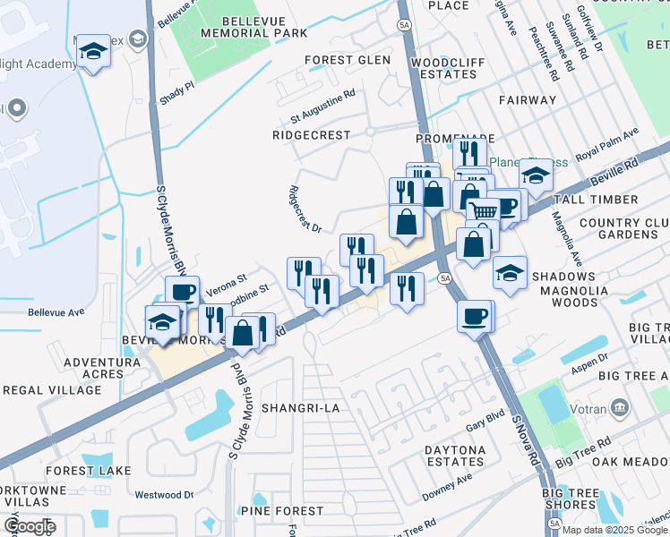 map of restaurants, bars, coffee shops, grocery stores, and more near 1200 Beville Road in Daytona Beach