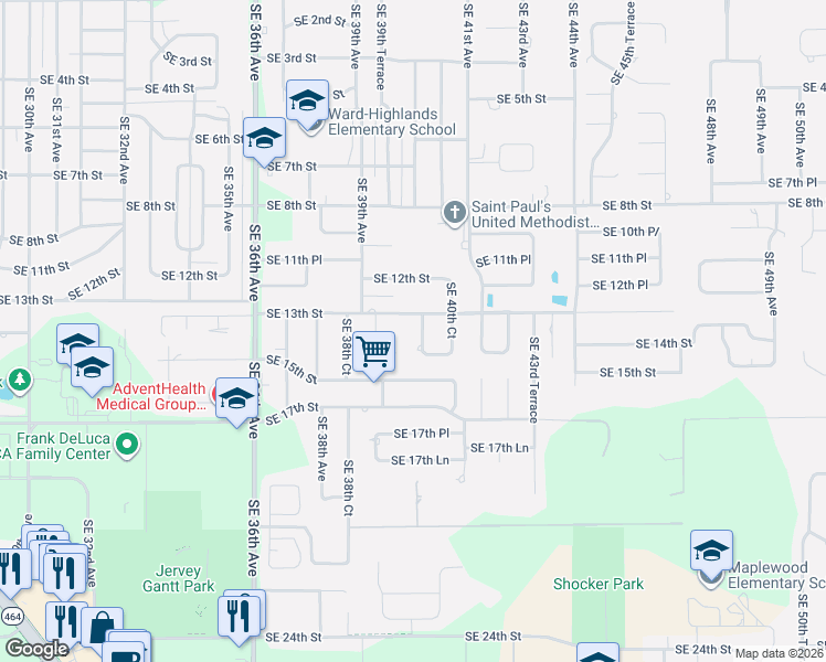 map of restaurants, bars, coffee shops, grocery stores, and more near 1315 Southeast 40th Terrace in Ocala