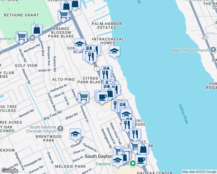 map of restaurants, bars, coffee shops, grocery stores, and more near 1973 South Ridgewood Avenue in South Daytona