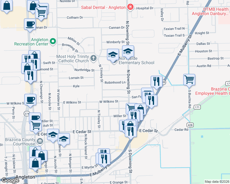 map of restaurants, bars, coffee shops, grocery stores, and more near 1008 Chevy Chase Drive in Angleton