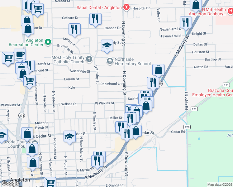 map of restaurants, bars, coffee shops, grocery stores, and more near 1113 Chevy Chase Drive in Angleton