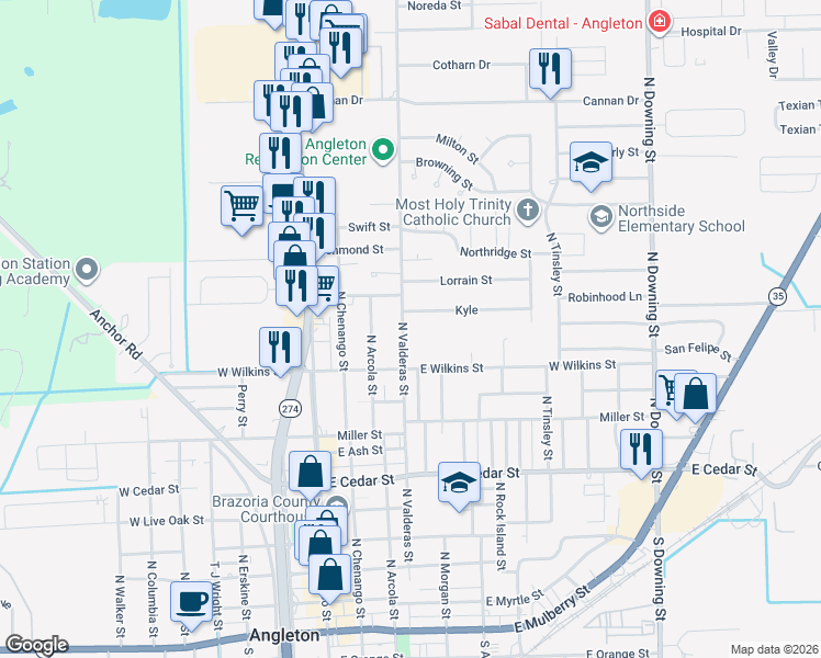 map of restaurants, bars, coffee shops, grocery stores, and more near 1104 North Valderas Street in Angleton