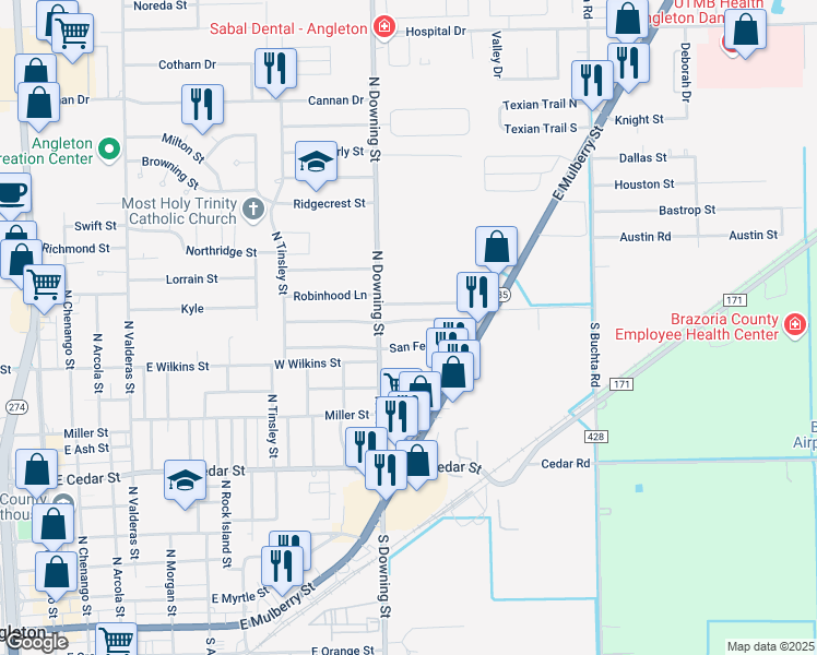 map of restaurants, bars, coffee shops, grocery stores, and more near 1220 Chevy Chase Drive in Angleton