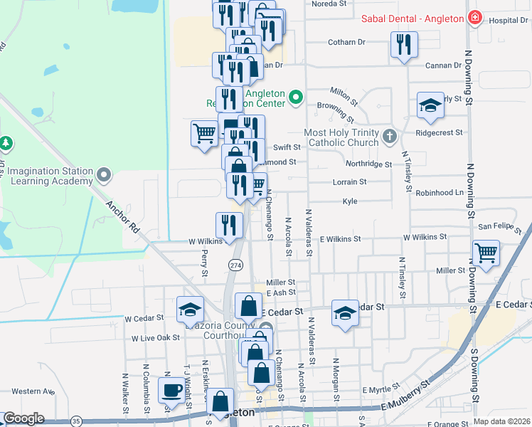map of restaurants, bars, coffee shops, grocery stores, and more near 1031 North Chenango Street in Angleton