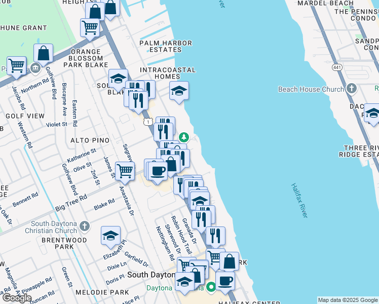 map of restaurants, bars, coffee shops, grocery stores, and more near 2001 South Palmetto Avenue in South Daytona