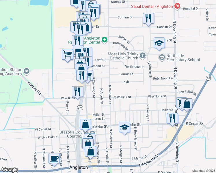 map of restaurants, bars, coffee shops, grocery stores, and more near 1104 North Valderas Street in Angleton