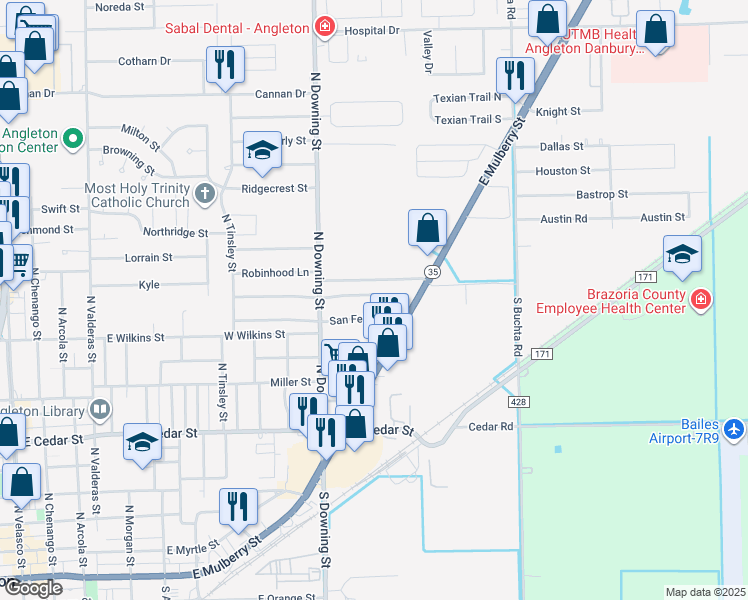 map of restaurants, bars, coffee shops, grocery stores, and more near 1242 Chevy Chase Drive in Angleton