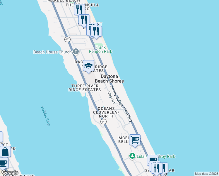 map of restaurants, bars, coffee shops, grocery stores, and more near 2810 Ridge Road in Daytona Beach