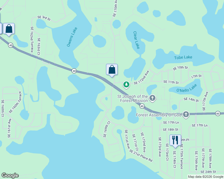 map of restaurants, bars, coffee shops, grocery stores, and more near 1331 Southeast 169th Terrace Road in Silver Springs