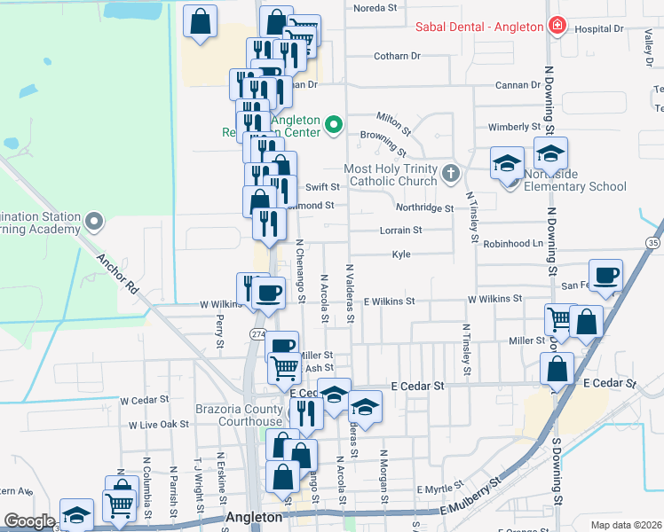 map of restaurants, bars, coffee shops, grocery stores, and more near 1108 North Arcola Street in Angleton