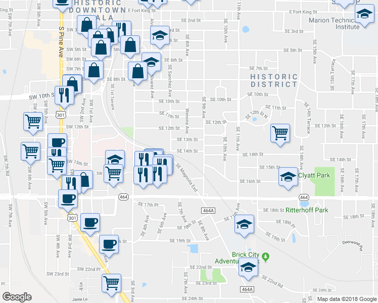 map of restaurants, bars, coffee shops, grocery stores, and more near 808 Southeast 14th Street in Ocala