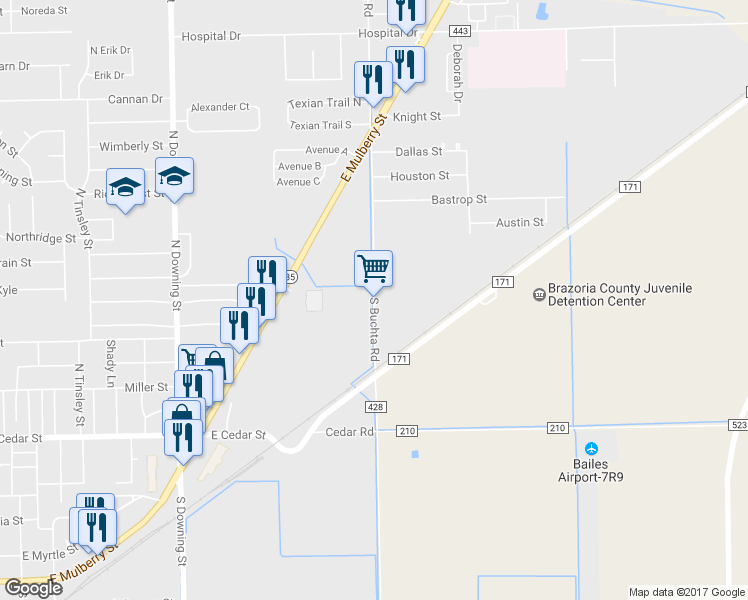 map of restaurants, bars, coffee shops, grocery stores, and more near 1601 North Valderas Street in Angleton