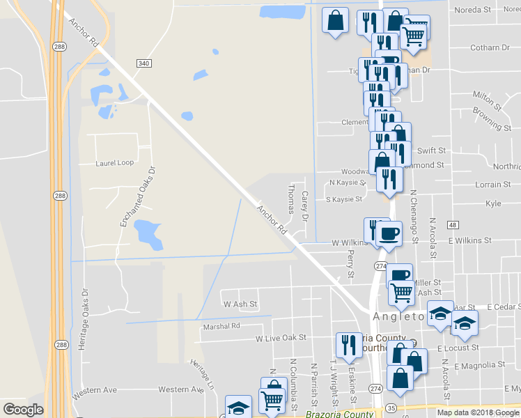 map of restaurants, bars, coffee shops, grocery stores, and more near 1290 County Road 44 in Angleton