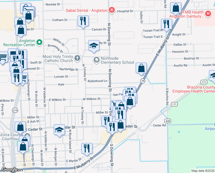 map of restaurants, bars, coffee shops, grocery stores, and more near 1113 Chevy Chase Drive in Angleton