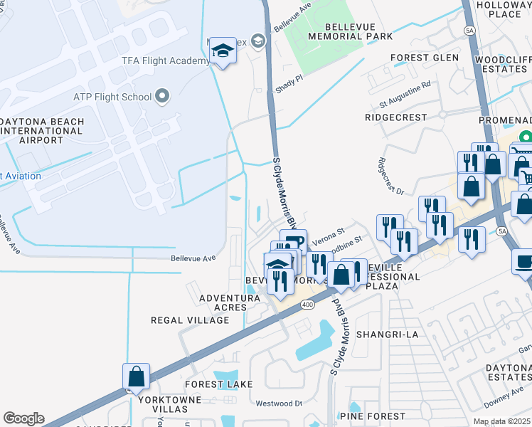 map of restaurants, bars, coffee shops, grocery stores, and more near 1420 New Bellevue Avenue in Daytona Beach