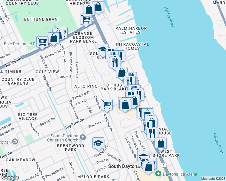 map of restaurants, bars, coffee shops, grocery stores, and more near 327 Olive Street in South Daytona