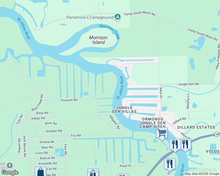 map of restaurants, bars, coffee shops, grocery stores, and more near 56304 Redbud Road in Astor