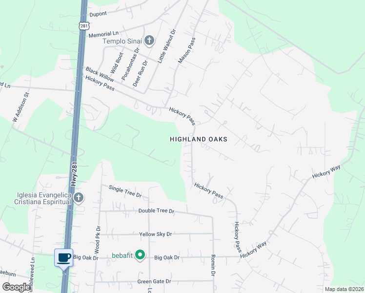 map of restaurants, bars, coffee shops, grocery stores, and more near 23403 Hickory Pass in San Antonio