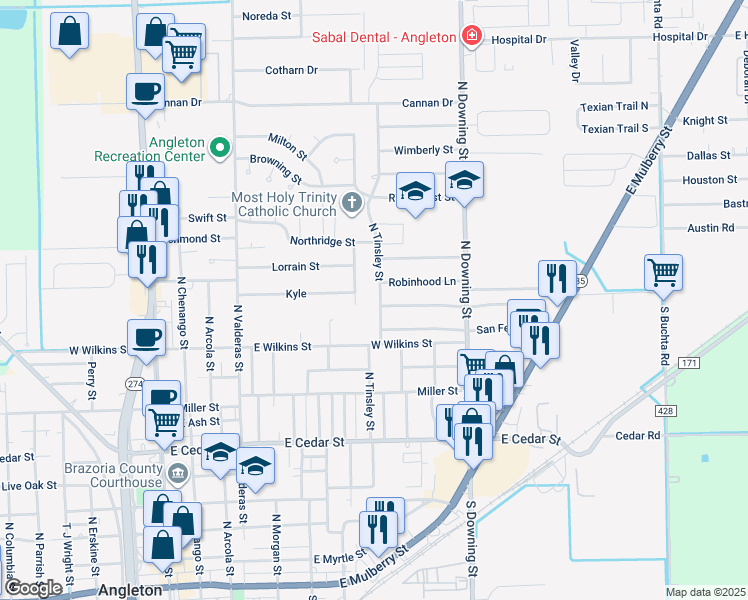 map of restaurants, bars, coffee shops, grocery stores, and more near 1205 North Tinsley Street in Angleton