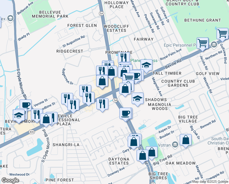 map of restaurants, bars, coffee shops, grocery stores, and more near S Nova Rd & Beville Rd in Daytona Beach