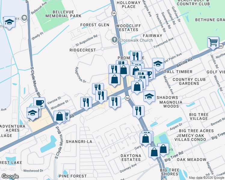 map of restaurants, bars, coffee shops, grocery stores, and more near 1104 Beville Road in Daytona Beach