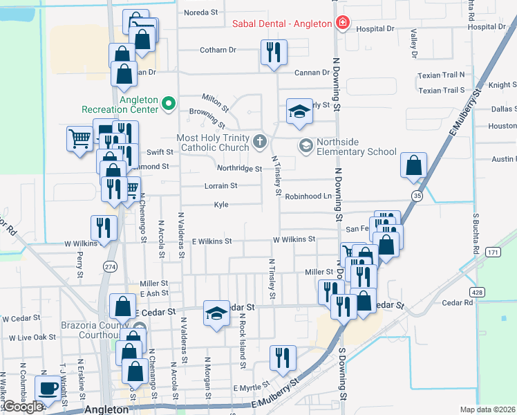 map of restaurants, bars, coffee shops, grocery stores, and more near 748 Kyle in Angleton