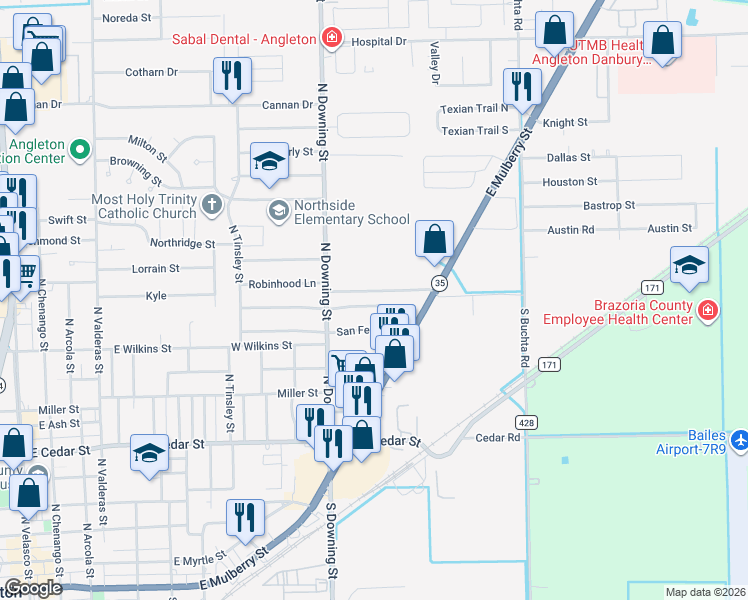 map of restaurants, bars, coffee shops, grocery stores, and more near 1241 Chevy Chase Drive in Angleton