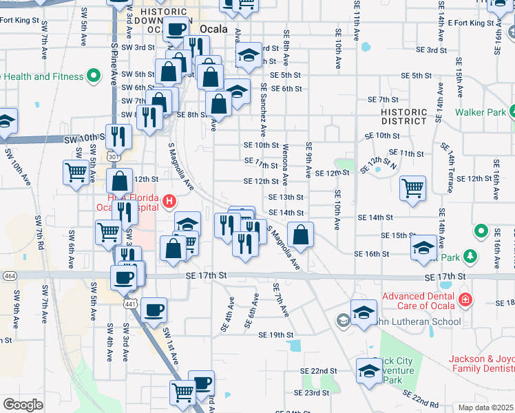 map of restaurants, bars, coffee shops, grocery stores, and more near 520 Southeast 14th Street in Ocala