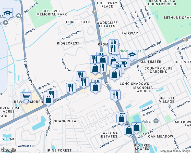 map of restaurants, bars, coffee shops, grocery stores, and more near 1104 Beville Road in Daytona Beach