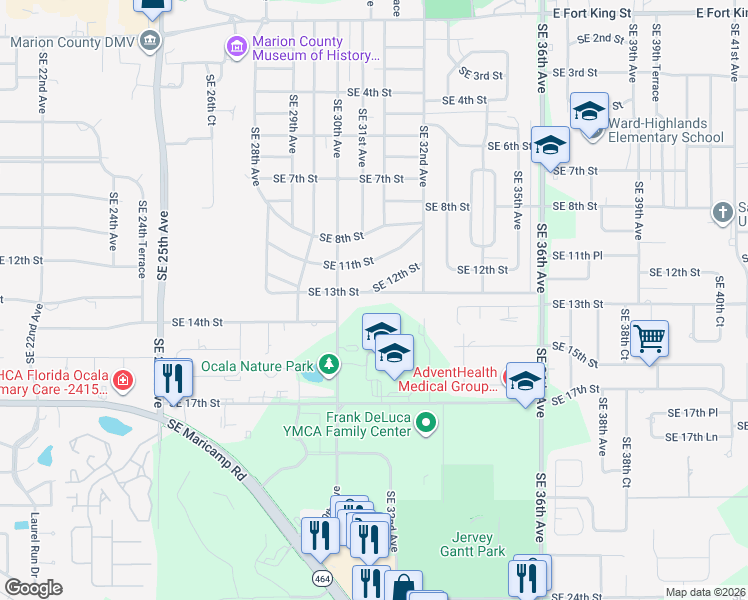 map of restaurants, bars, coffee shops, grocery stores, and more near 3130 Southeast 13th Street in Ocala