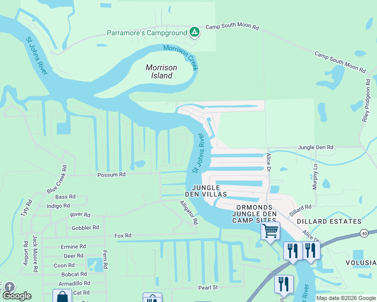 map of restaurants, bars, coffee shops, grocery stores, and more near 56304 Redbud Road in Astor
