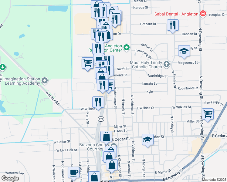 map of restaurants, bars, coffee shops, grocery stores, and more near 1031-10 North Chenango Street in Angleton