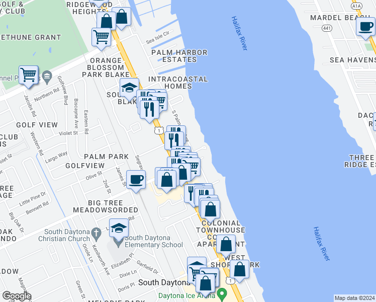 map of restaurants, bars, coffee shops, grocery stores, and more near 1973 South Ridgewood Avenue in South Daytona
