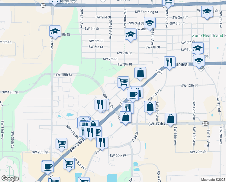 map of restaurants, bars, coffee shops, grocery stores, and more near 1421 Southwest 20th Avenue in Ocala