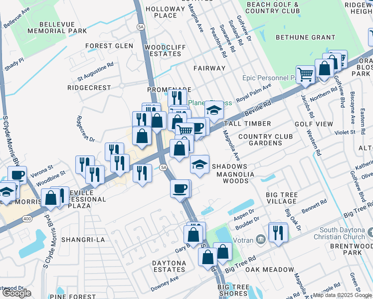 map of restaurants, bars, coffee shops, grocery stores, and more near 947 Beville Road in South Daytona