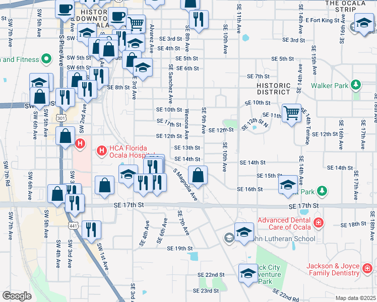 map of restaurants, bars, coffee shops, grocery stores, and more near 800-898 Southeast 14th Street in Ocala