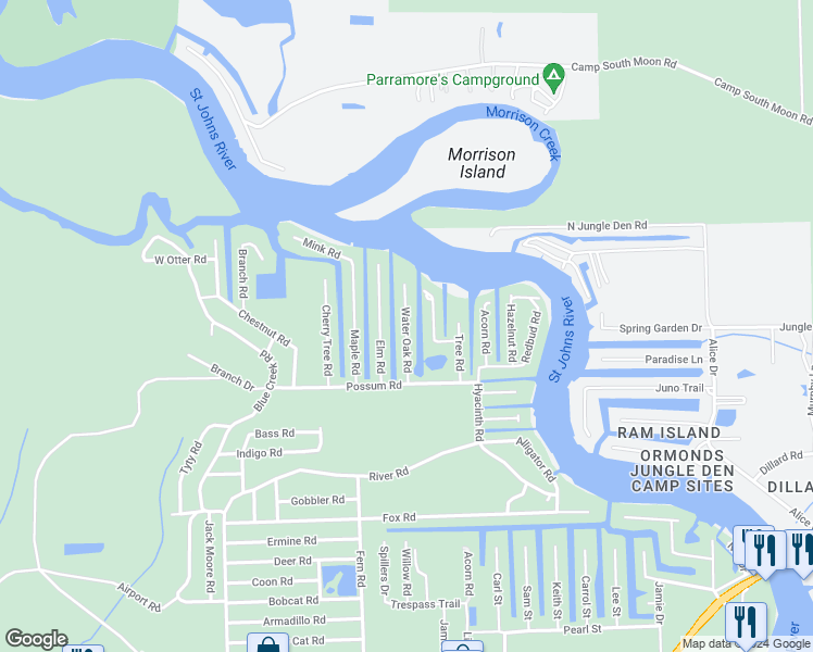 map of restaurants, bars, coffee shops, grocery stores, and more near 56334 Water Oak Road in Astor