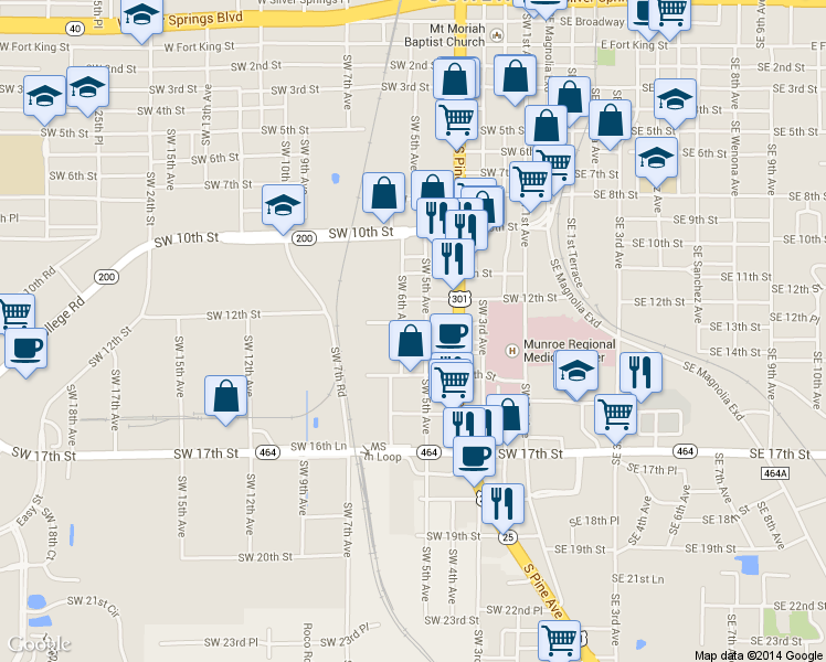 map of restaurants, bars, coffee shops, grocery stores, and more near 500 SW 13th St in Ocala