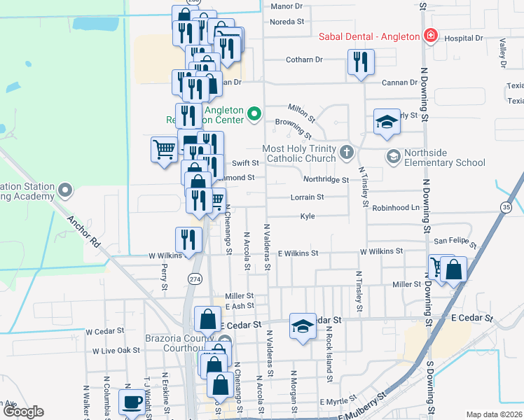 map of restaurants, bars, coffee shops, grocery stores, and more near 611 Lorrain Street in Angleton