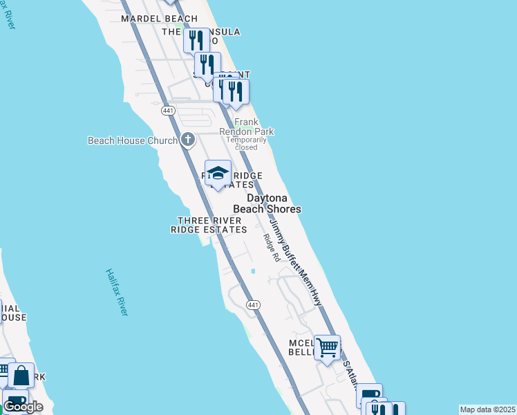 map of restaurants, bars, coffee shops, grocery stores, and more near 2800 South Atlantic Avenue in Daytona Beach