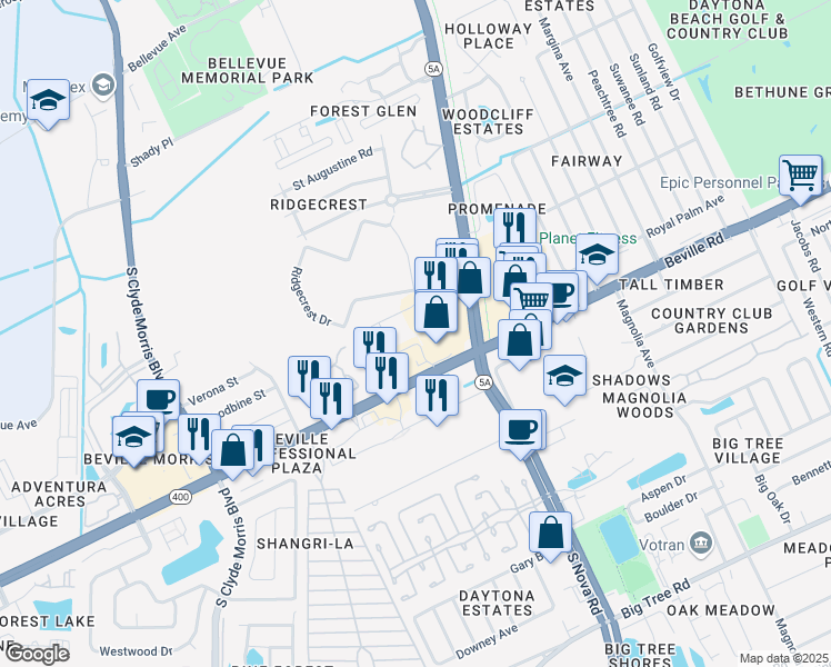 map of restaurants, bars, coffee shops, grocery stores, and more near 1106 Beville Road in Daytona Beach
