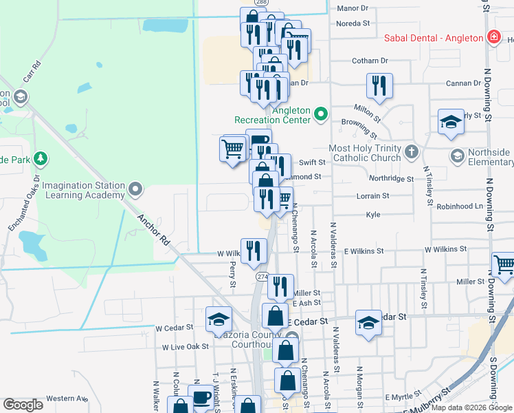 map of restaurants, bars, coffee shops, grocery stores, and more near 201 South Kaysie Street in Angleton