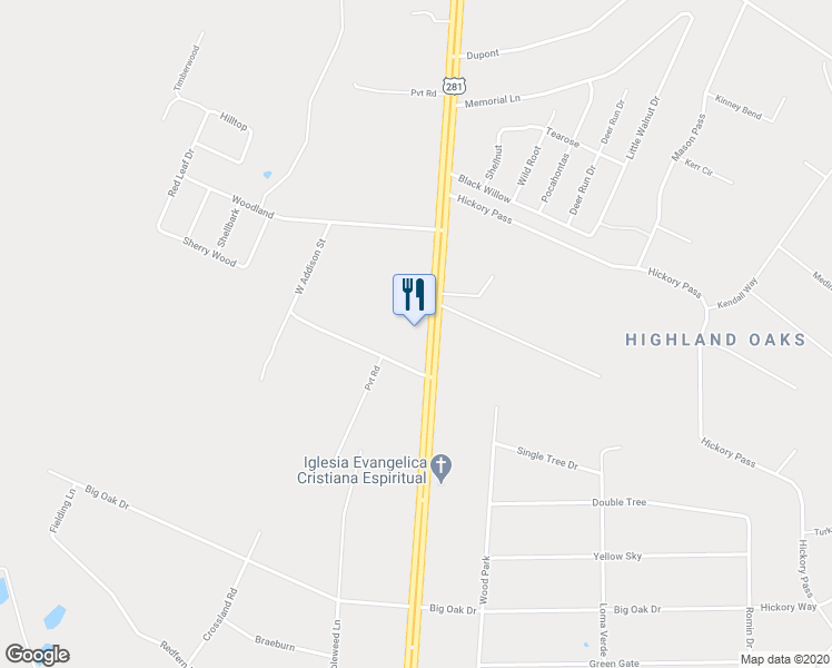 map of restaurants, bars, coffee shops, grocery stores, and more near 23425 U.S. 281 in San Antonio
