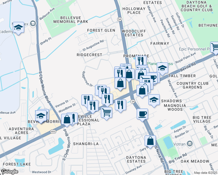 map of restaurants, bars, coffee shops, grocery stores, and more near 1106 Beville Road in Daytona Beach
