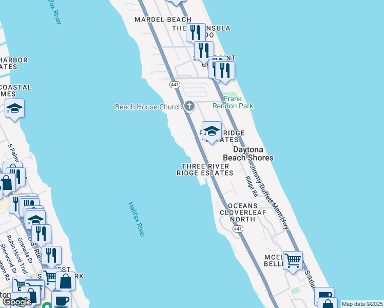 map of restaurants, bars, coffee shops, grocery stores, and more near 2740 South Peninsula Drive in Daytona Beach